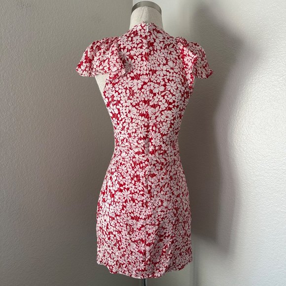 Burberry A Line Short Silk Dress Lace Flutter Sleeve Red White Floral Print Sz 6 - Picture 2 of 16